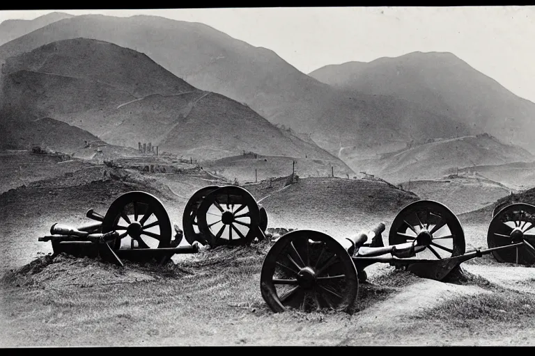 Prompt: artillery pieces entrenched with a beautiful background of hills and mountains, black and white photography, 1 9 0 5
