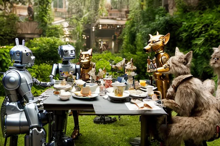 Prompt: film still from the movie chappie of the robot chappie shiny metal outdoor park plants garden scene bokeh depth of field several figures sitting down at a table having a delicious grand victorian tea party furry anthro anthropomorphic stylized cat ears wolf muzzle head android service droid robot machine fursona