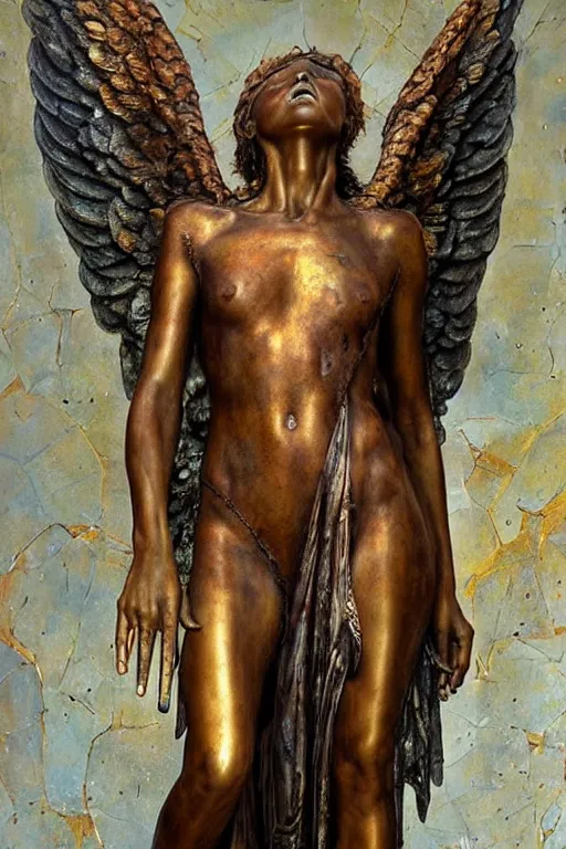 Image similar to realistic detailed statue the holy sacred mechanic angel with stained rust golden wings, body full of scars, made by Karol Bak, Mark Brooks and Bernini. Rich colors. Beksinski and Gerhard Richter painting. Masterpiece