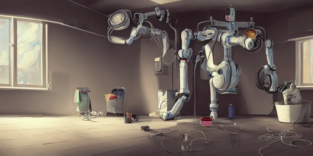 Image similar to detailed painting of a robot doing laundry, artstation