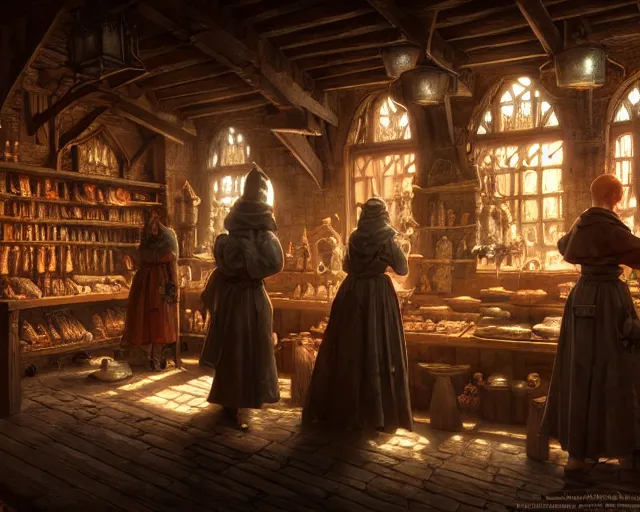 Image similar to a medieval shop, beautiful, detailed, realistic detailed clients, dark, concept art illustration, color page, tone mapping, akihiko yoshida, james jean, andrei riabovitchev, marc simonetti, digital illustration, greg rutowski, volumetric lighting, sunbeams, particles