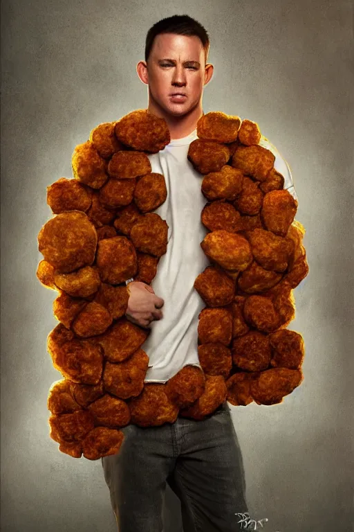 Image similar to channing tatum wearing a tater tot costume, oil on canvas, intricate, 8 k highly professionally detailed, hdr, cgsociety