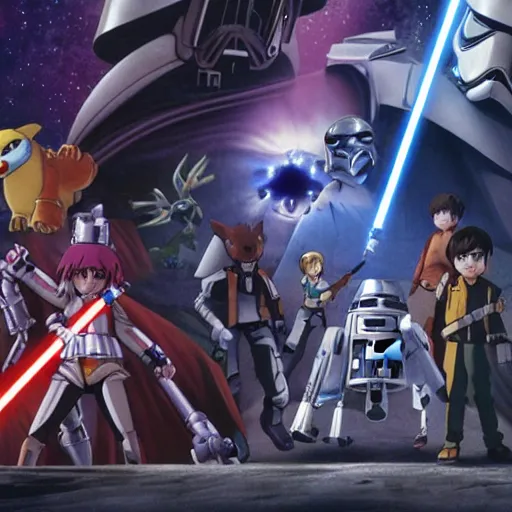 Prompt: digimon as starwars characters in the star wars universe on the death star with light sabers movie still, cinematic, photorealistic, extreme detail, sharp focus, 8 k, intricate, hyper detailed, realistic, cinematic lighting