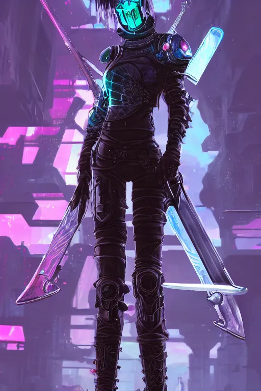 Image similar to [ grimes in medieval cyberpunk armor ]! holding a [ sword in her hand ]! looking out into the [ futuristic cyberpunk city ]!, digital art style, anime style, trending on [ artstation ], 4 k, cgsociety contest winner, award winning, neon! lighting, neon subsurface scattering!, intricate, full - body!, volumetric lighting!