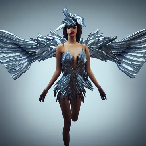 Image similar to fantasy angel with wings inspired avant - garde art, deco fashion, highly detailed, photorealistic portrait, bright studio setting, studio lighting, crisp quality and light reflections, unreal engine 5 quality render