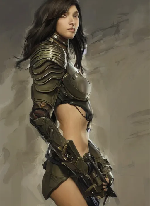 Image similar to a professional painting of a beautiful young female, clothed in military armor, olive skin, long dark hair, beautiful bone structure, symmetrical facial features, intricate, elegant, digital painting, concept art, smooth, sharp focus, illustration, from Metal Gear, by Ruan Jia and Mandy Jurgens and Artgerm and William-Adolphe Bouguerea