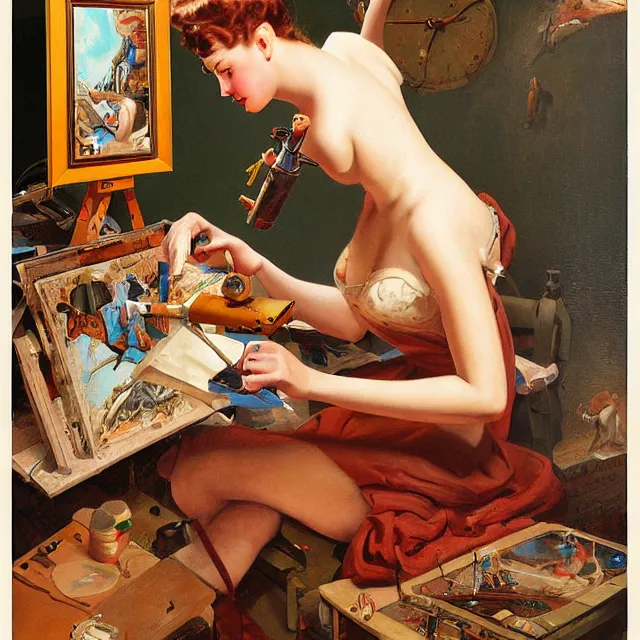 Prompt: robot artist painting a self - portrait on a canvas. intricate, highly detailed, digital matte painting in the style of gil elvgren and in the style of hans thoma. irony, recursion, inspiration.