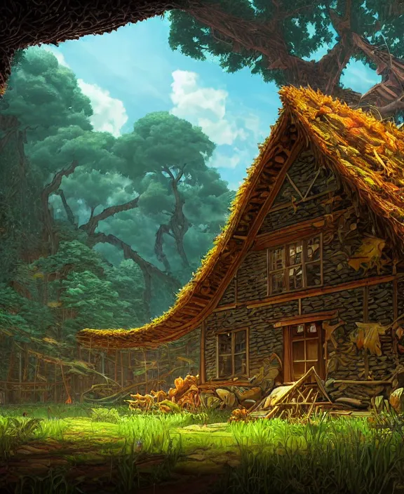 Image similar to a mammoth schoolhouse made from leaves, overgrown with huge exotic fungus, deep in the woods, noon, sun drenched, partly cloudy, by dan mumford, yusuke murata, makoto shinkai, ross tran, cinematic, unreal engine, cel shaded, featured on artstation, pixiv