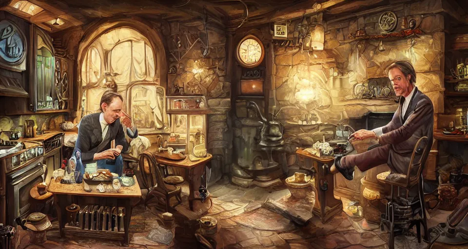 Prompt: a close - up of steve buscemiin a vintage magical kitchen, with a fireplace in the background d & d, fantasy, intricate, elegant, digital painting, artstation, concept art, smooth, sharp focus, sticker illustration