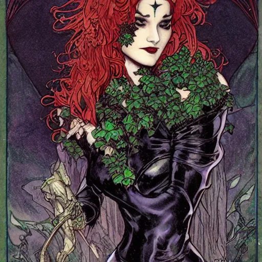 Image similar to a beautiful tarot card of poison ivy dressed as a teenage vampire, leather armored, dark eyeliner, intricate, elegant, highly detailed, digital painting, artstation, concept art, matte, sharp focus, illustration, art by rebecca guay and by arthur rackham and by alphonse mucha and by john william waterhouse