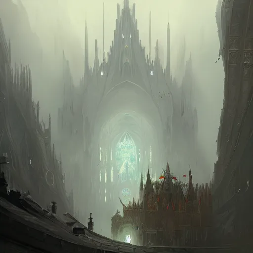 Image similar to old cathedral concept art, digital painting, trending on artstation, highly detailed, epic composition, 8 k uhd, art by peter mohrbacher, tsutomu nihei