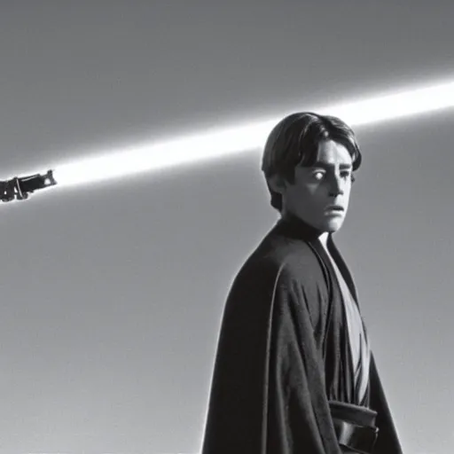 Prompt: film still of young alec guiness as a jedi in new star wars movie, dramatic lighting, highley detailled face, kodak film, wide angle shot, desert landscape