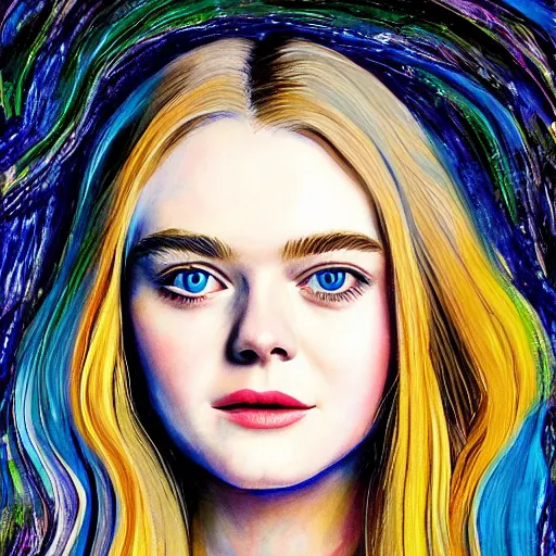 Image similar to professional painting of Elle Fanning in the style of Alan Bean, head and shoulders portrait, symmetrical facial features, smooth, sharp focus, illustration, intricate, stormy weather, extremely detailed masterpiece,