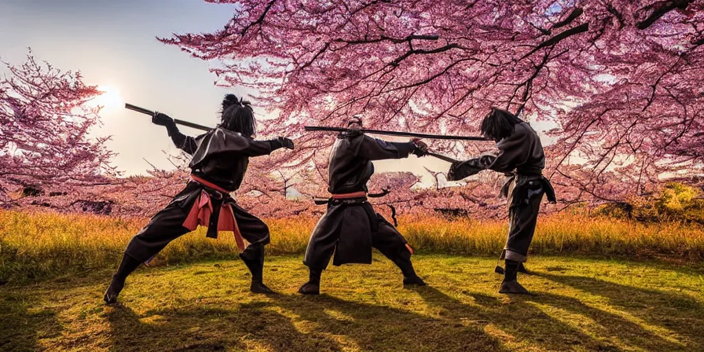 Image similar to samurai duel, both samurai have katana drawn, in a fighting pose, sunset in the background, cherry trees blossoming and Japanese maple trees, autumn, professional photo