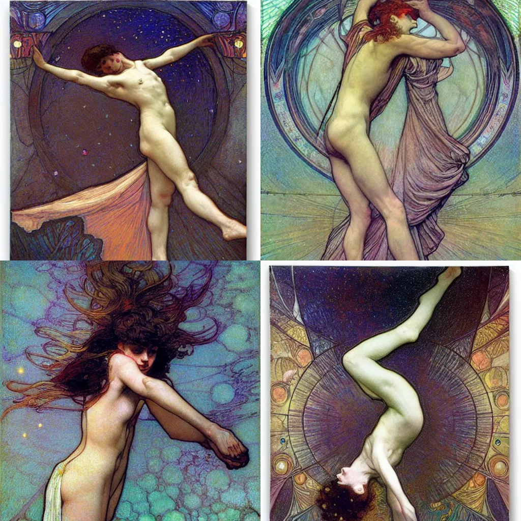 Prompt: man hanging upside down from one foot. crystalline eternity, pastel, neon, by mucha, by John william waterhouse