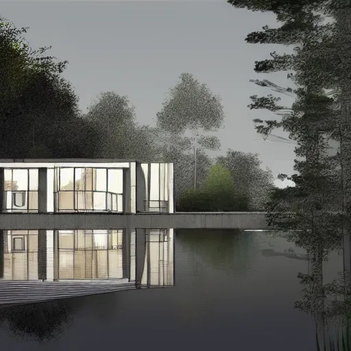 Prompt: architectural sketch of a cottage by the lake, modernist design, trending on artstation, award winning design