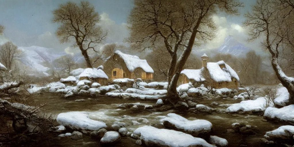 Prompt: a beautiful landscape painting of a cottage by a river in a valley, winter heavy snow fall, by john glover, oil on canvas, highly detailed, hd, 4 k