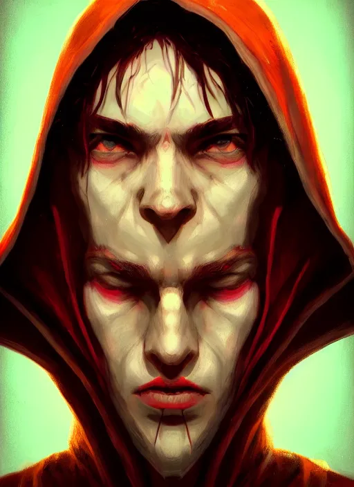 Prompt: young pale rogue man, hood in face, rings under eyes, confused, whimsical, portrait in the style of justin sweet, macro lens, shallow depth of field, highly detailed, digital painting, trending artstation, concept art, illustration, cinematic lighting, vibrant colors, photorealism, epic, octane render, magic the gathering artwork, centered