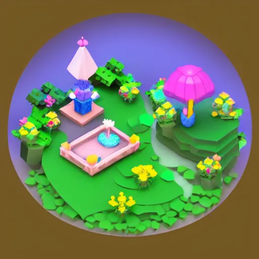 Image similar to 3D isometric cubic cute fairy garden, isometric voxel, 3D
