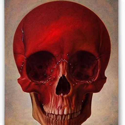 Image similar to turbulent red liquid inside in a transparent skull by agostino arrivabene
