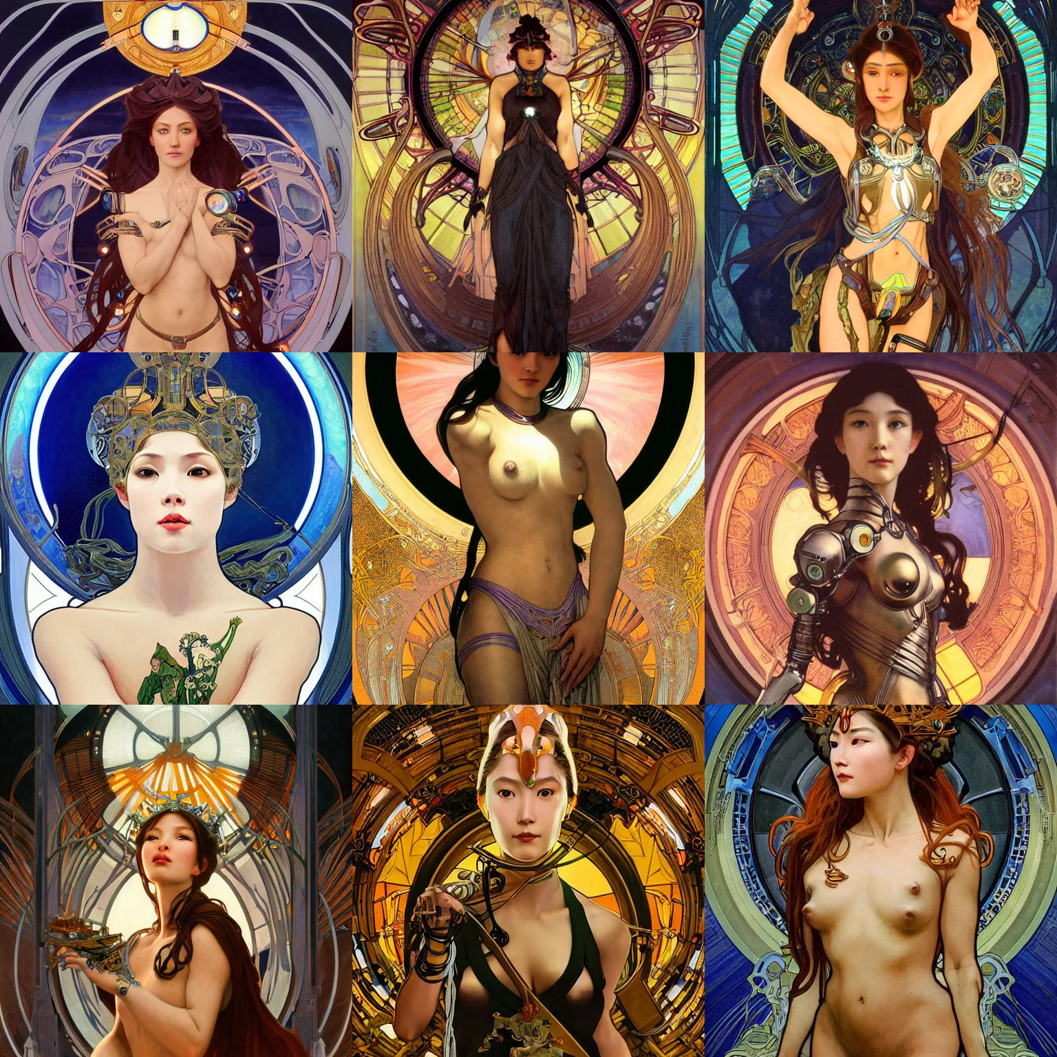 Prompt: stunning, breathtaking, awe-inspiring award-winning concept art nouveau painting of attractive cybernetic Ashley Liao cyborg as the goddess of the sun, with anxious, piercing eyes, by Alphonse Mucha, Michael Whelan, William Adolphe Bouguereau, John Williams Waterhouse, and Donato Giancola, cyberpunk, extremely moody lighting, glowing light and shadow, atmospheric, cinematic, 8K