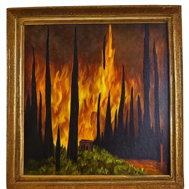 Image similar to burning church in a dark forest, oil painting