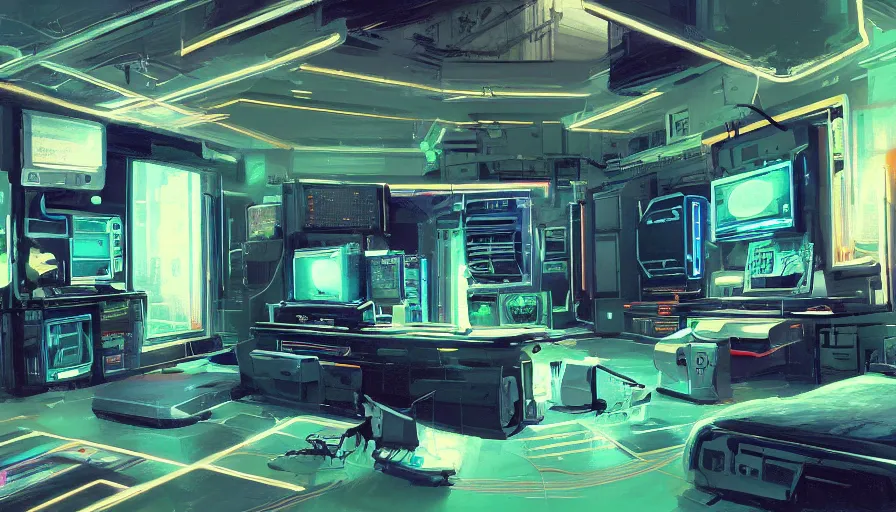 Image similar to a rendering of a detailed interior of a cyberpunk bedroom with computers and cables, soft neon lighting, metallic surfaces, sci-fi concept art, by Syd Mead, oil on canvas