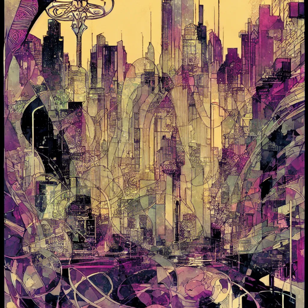 Image similar to bill sienkiewicz art nouveau city