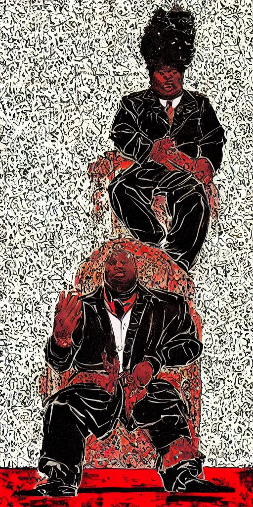 Image similar to style of frank miller, portrait of big black man sitting on throne, background made of big curtains