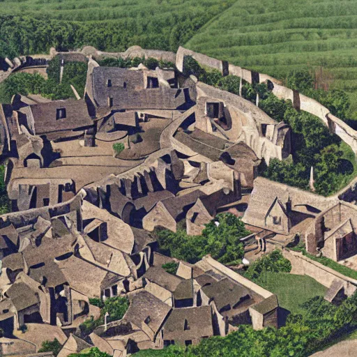 Prompt: Aerial establishing shot of a medieval village surrounded by circular wood palisade