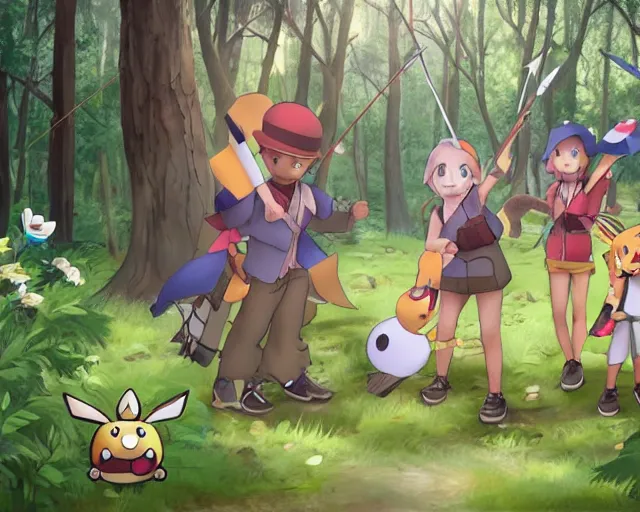 Image similar to a hunting party going hunting for pokemon in the forest with bows
