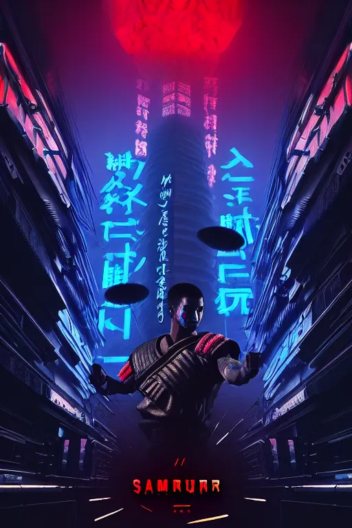 Image similar to high quality 3 d render sci - fi! samurai hybrid fighting, highly detailed, unreal engine cinematic smooth, in the style of blade runner, hannah yata charlie immer, dark blue neon light, low angle, uhd 8 k, sharp focus