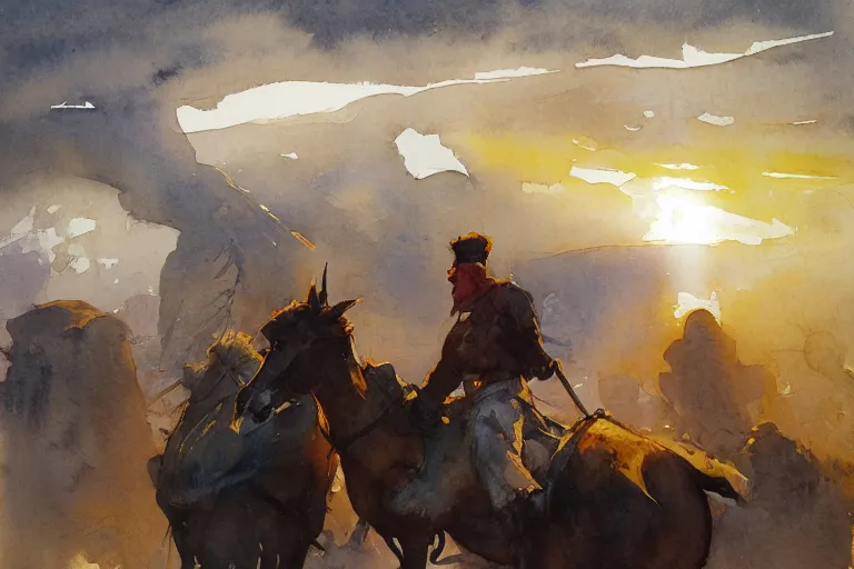 Prompt: small centered on watercolor paper, paint brush strokes, abstract watercolor painting of ancient betlehem herder, cinematic light, national romanticism by hans dahl, by jesper ejsing, by anders zorn, by greg rutkowski, by greg manchess, by tyler edlin