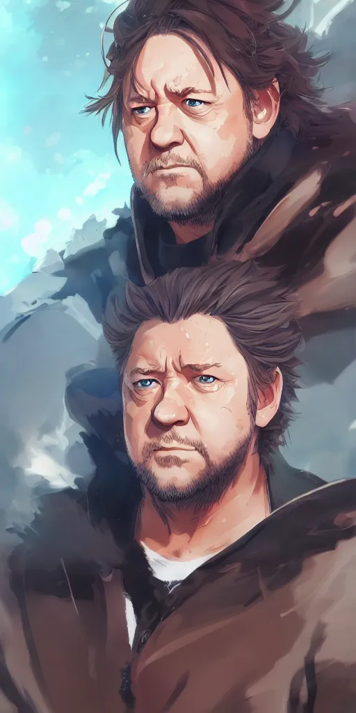 Image similar to anime portrait of Russell Crowe as an anime man by Stanley Artgerm Lau, WLOP, Rossdraws, James Jean, Andrei Riabovitchev, Marc Simonetti, and Sakimichan, trending on artstation