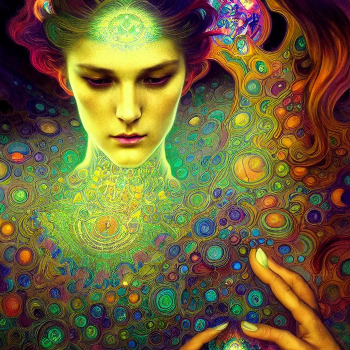 Image similar to extremely psychedelic quantum macro, DoF, LSD, diffuse lighting, fantasy, intricate, elegant, highly detailed, lifelike, photorealistic, digital painting, artstation, illustration, concept art, smooth, sharp focus, art by John Collier and Albert Aublet and Krenz Cushart and Artem Demura and Alphonse Mucha