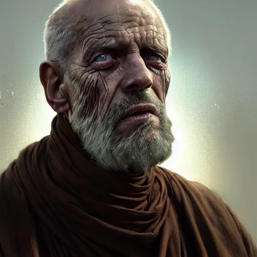 Image similar to portrait painting of a post - apocalyptic blind older american man wearing monk garbs, ultra realistic, concept art, intricate details, eerie, highly detailed, photorealistic, octane render, 8 k, unreal engine. art by artgerm and greg rutkowski and charlie bowater and magali villeneuve and alphonse mucha