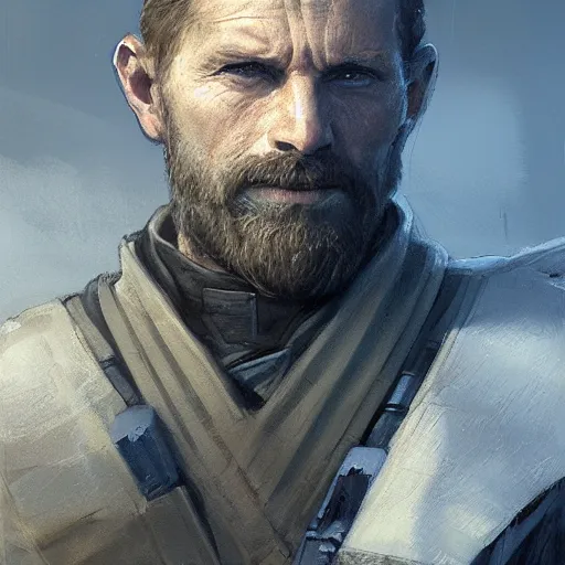 Image similar to portrait of a man by greg rutkowski, a jedi commander, scottish features, short copper hair, short beard, straight jaw, wise appearance, wearing the tactical gear of the galactic alliance, star wars expanded universe, he is about 4 0 years old, highly detailed portrait, digital painting, artstation, concept art, smooth, sharp foccus ilustration, artstation hq