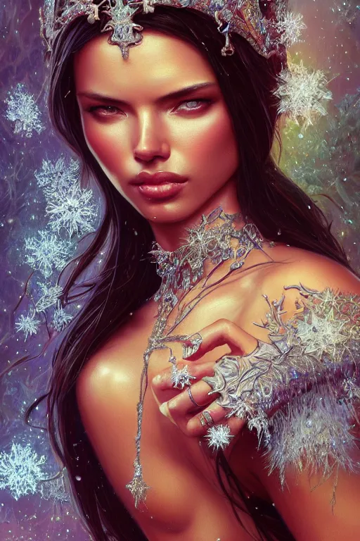 Prompt: photography of adriana lima, ornament crown, organic crystals, frost, deep focus, d & d, fantasy, intricate, elegant, highly detailed, digital painting, artstation, concept art, matte, sharp focus, illustration, hearthstone, art by artgerm and greg rutkowski and alphonse mucha