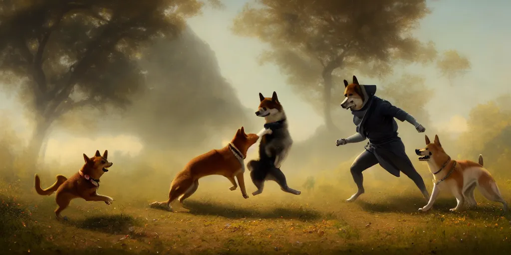 Prompt: a shiba inu fighting a dog on a path in a field, greek mythology, extremely detailed digital painting, in the style of goya and ruan jia and jeremy lipking and peter mohrbacher, mystic colors, edge light, beautiful lighting, 4 k, dazzling scene, ray tracing, octane, trending on artstation