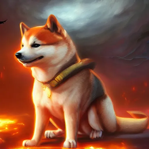 Image similar to an oil painting of a shiba inu with demon wings, hd, hdr, ue 5, ue 6, unreal engine 5, cinematic 4 k wallpaper, 8 k, ultra detailed, high resolution, artstation, award winning