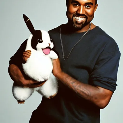 Image similar to kanye west smiling holding pikachu for a 1 9 9 0 s sitcom tv show, studio photograph, portrait c 1 2. 0