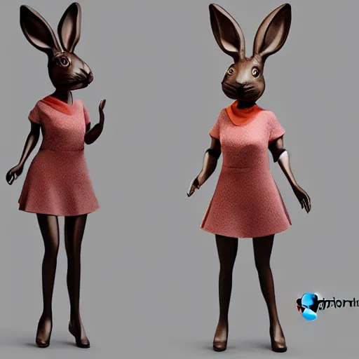 Prompt: beautiful fit female anthropomorphic rabbit with symetric face wearing dress, full body, vray, 5 5 mm