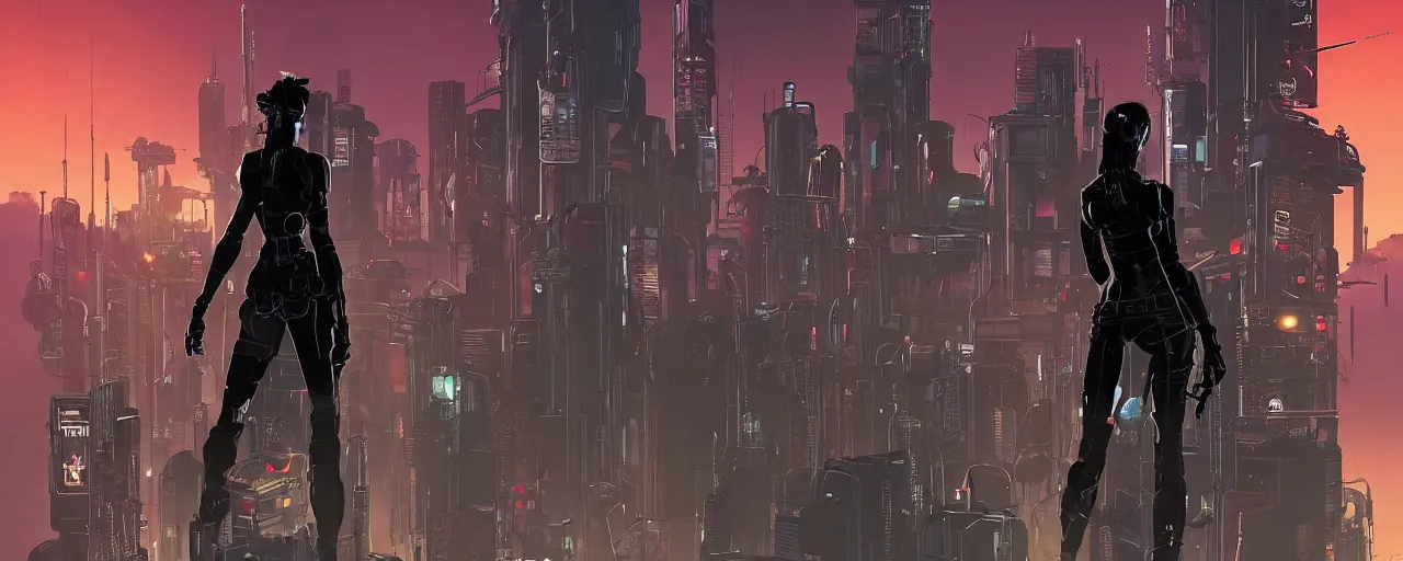 Prompt: a full body silhouette of a single cyberpunk female assassin weapon on a ready standing over a ledge overlooking a cyberpunk city, alone and solo by Mike Mignola, Robbie Trevino, ellen jewett, Yoji Shinkawa