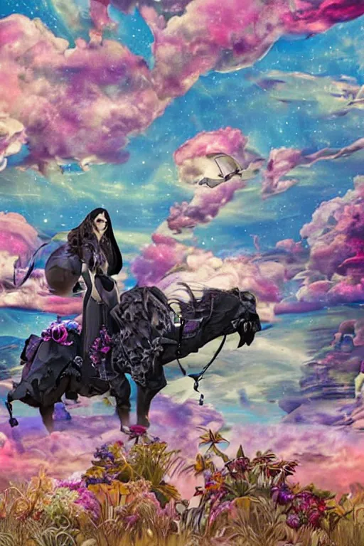 Image similar to Ethereal safari landscape with a pink rainbow sky under a god moonstone, black leather and embroidered Lolita dapper bespoke avant-garde tuxedo in velvet, black and gold rich color, dramatic cinematic lighting, featured on Artstation, extremely detailed by Lisa Frank