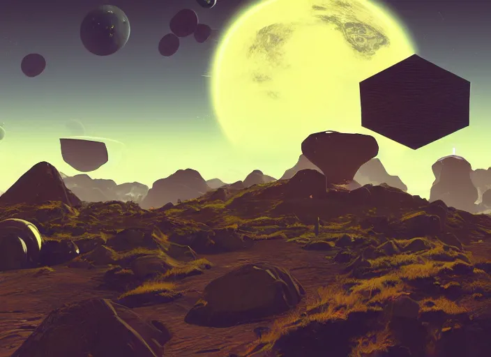 Prompt: A screenshot of an alien world in No Man's Sky with PS1 aesthetics