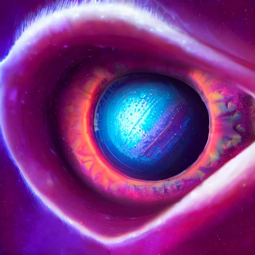 Prompt: A photorealistic macro photo of a cosmic eye, red and purple studio lighting, by max hay and anton fadeev, Trending on artstation, 8k quality, tumultuous iris