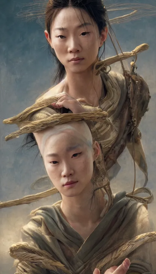 Image similar to epic masterpiece portrait crouching tiger, hidden dragon, sweaty skin, hyperrealistic, octane render, cinematic, beautiful face and flawless skin, perfect hands, 5 fingers, by Edgar Maxence and Ross Tran and Michael Whelan, Legends of Runeterra