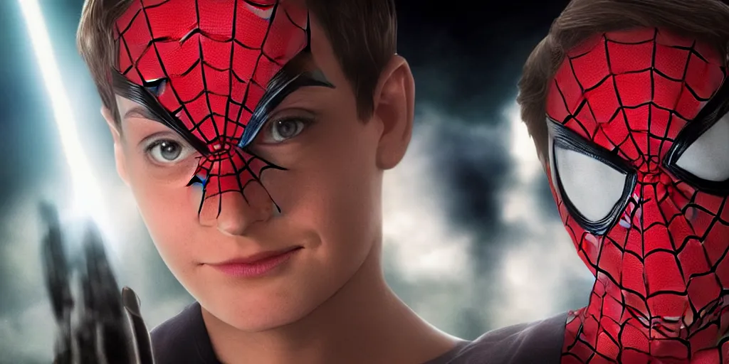 Image similar to Teenage Tobey Maguire as Spider-Man, cinematic lighting