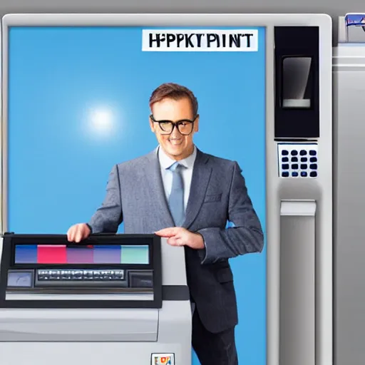 Prompt: hyperrealistic painting image where a happy businessman appears behind a ticket printing machine