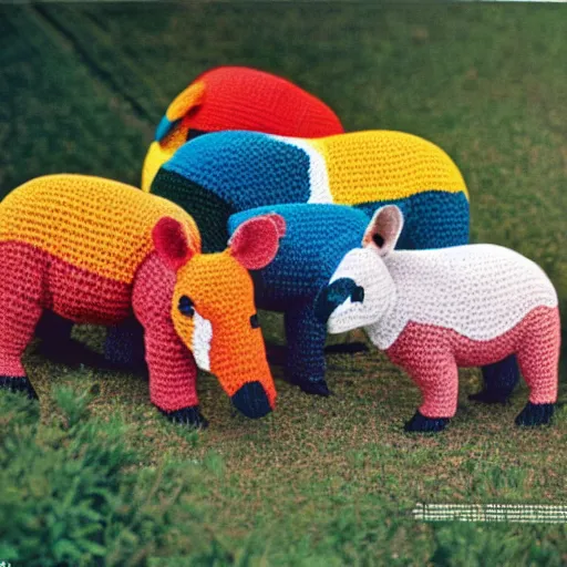 Image similar to multicolored crocheted tapirs, 1 9 8 0 s catalogue photo